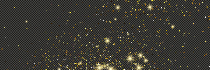 Gold glittering dust with stars on transparent backdrop