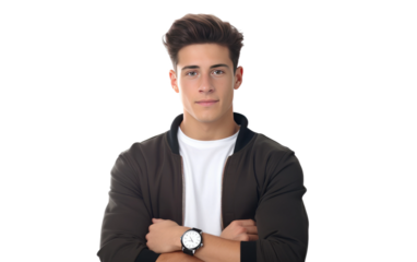 Realistic Portrait of a Young Man with a Smartwatch on White or PNG Transparent Background.
