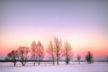 Landscape winter frosty sunny day, blue sky, sundown snow, Poland Europe	