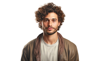 Fototapeta na wymiar Man with Chic Curls in Art Form on White or PNG Transparent Background.