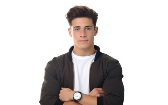 Realistic Portrait of a Young Man with a Smartwatch on White or PNG Transparent Background.