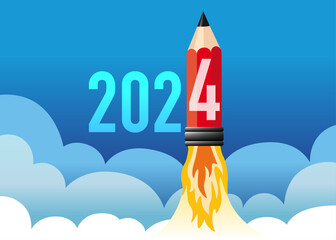 Illustration d’une fusée en forme de crayon qui décolle en symbolisant l’énergie d’une jeune entreprise voulant réussir et atteindre ses objectifs pour l’année 2024. - obrazy, fototapety, plakaty