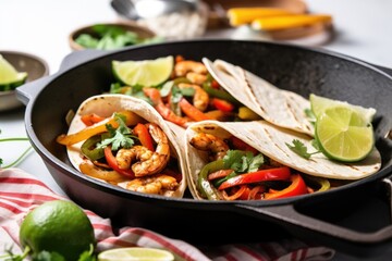 shrimp fajitas in a pan with lime wedges - obrazy, fototapety, plakaty