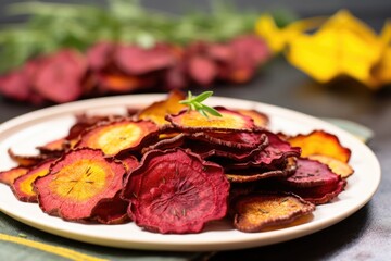 close-up of crispy roasted beet chips on a china plate