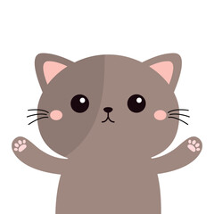 Cat kitten, kitty. Cute face head, hands with pink paw print. Cartoon kawaii funny baby character. Kids collection. Sticker print. Flat design. White background. Isolated.