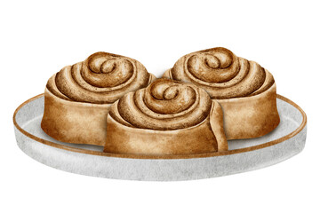 Fototapeta na wymiar Spiraled cinnamon rolls on a plate. Bakery food concept. Watercolor illustration. Isolated. Bakery products. For design of labels and packaging of goods, cards, logo for the bakehouse and bakeshop.
