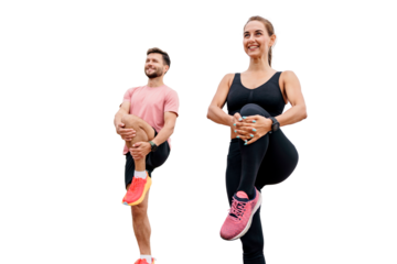 Warm-up interval training happy smiling woman and man in sportswear people exercise together. Sports people like to train together. Athletes have an active lifestyle.