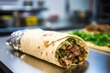 shawarma being wrapped up in a kitchen