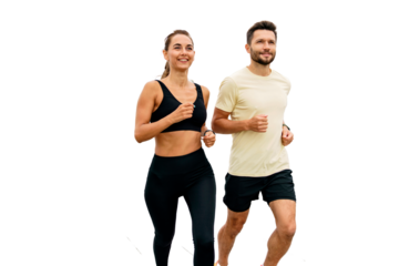 The trainer and the client conduct a fitness class together. A man and a woman running together train fitness exercises by jogging. A young couple leads a healthy and active lifestyle.