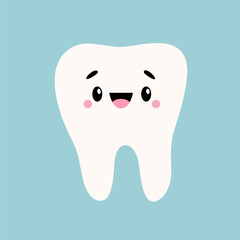 White smiling tooth icon. Healthy teeth. Cute cartoon kawaii funny face baby character. Eyes, cheeks, brows. Oral dental hygiene. Children teeth care. Flat design. Blue background.