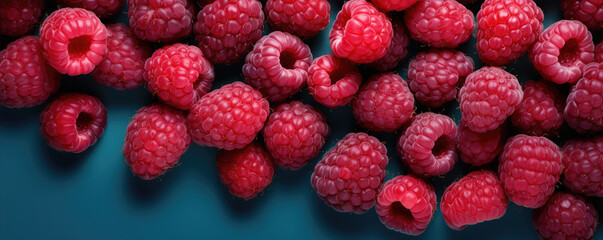 Blueberries and raspberries in wide banner. Fresh forest fruits