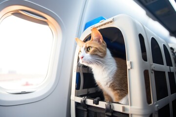 a cat sitting inside an airplane pet carrier