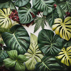 Fototapeta premium Botanical background with monstera leaves , top view