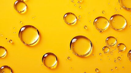 Round drops of transparent serum gel on yellow background. - obrazy, fototapety, plakaty