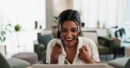 Woman, winner and success on laptop for home education, celebration and excited for e learning results or news. Young indian person or student wow and surprise for opportunity or winning on computer