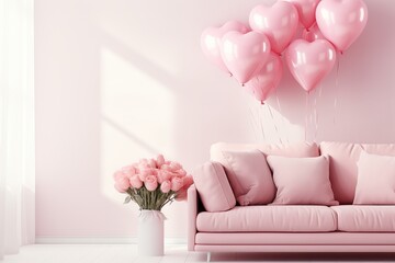 Romantic interior of living room decorated in heart glossy balloons and flowers.