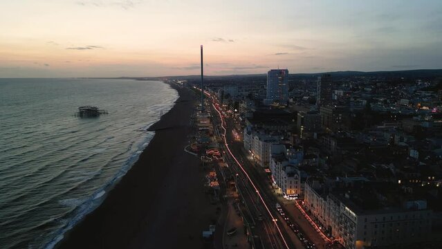 Brighton night shot across the beach front Aerial View Drone shot