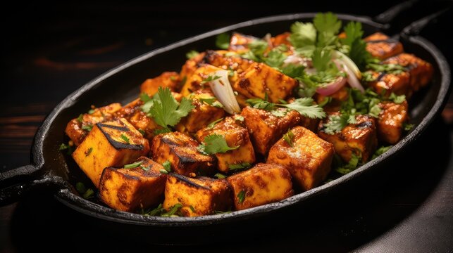 Paneer Tikka served in the pan.