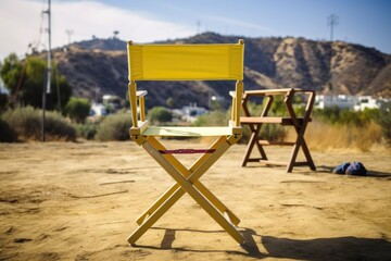 shot of directors chair with movie set in background - obrazy, fototapety, plakaty