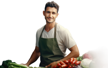 Male Worker at Vegetable Store Realistic Portrait on White or PNG Transparent Background.