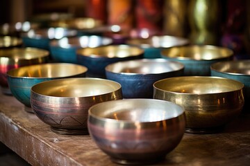 a set of singing bowls from a tibetan monastery - obrazy, fototapety, plakaty