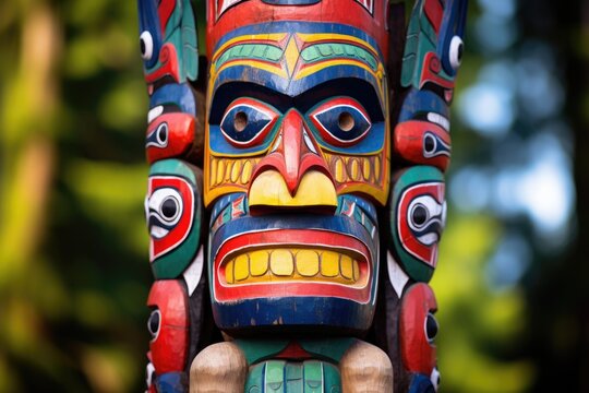traditional wooden totem pole with vibrant colors