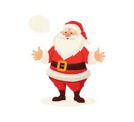 Santa Claus funny cute character with speech bubble isolated on white background. Christmas holiday vector illustration in flat cartoon style