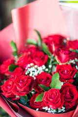 Beautiful red and white flower decoration, close up with selective focus, for celebration