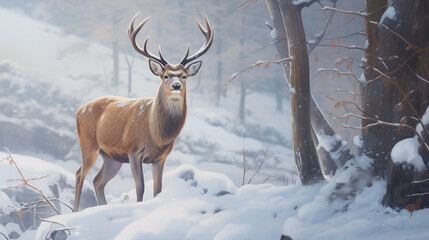 Illustration of a red deer standing in a snowy winter forest