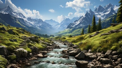 Captivating Alpine Scenery: Majestic Peaks, Lush Valleys, and Tranquil Rivers in Europe's Breathtaking Nature, generative AI