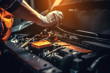 Technician Hands of car mechanic working repair in auto repair Service electric battery and Maintenance of car battery. Check the electrical system inside the car. - obrazy, fototapety, plakaty