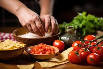 persons hand garnishing a bowl of salsa and tortilla chips - obrazy, fototapety, plakaty