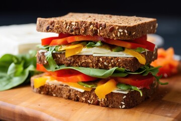 multigrain sandwich with cheese, lettuce, and bell peppers