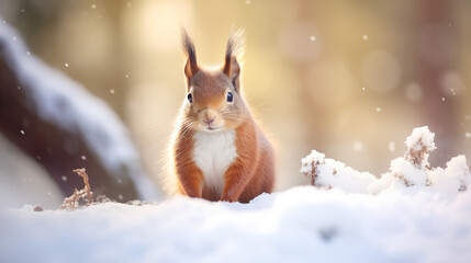 red squirrel sitting in the snow in a forest in winter