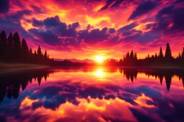 Fototapeta na wymiar A vibrant sunset over a serene lake