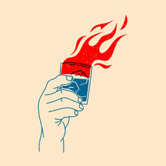 Hand holding cocktail with fire. Vector illustration in a minimalist style  with Riso print effect. Design element for advertising, posters, prints for clothing, banners, covers, websites