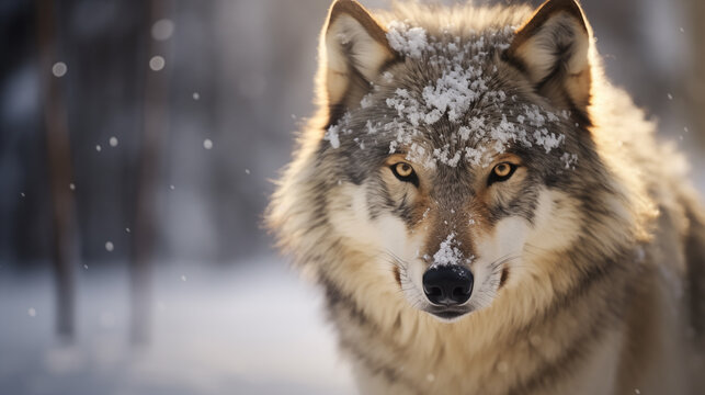 Close up of a grey wolf in a winter landscape with snow
