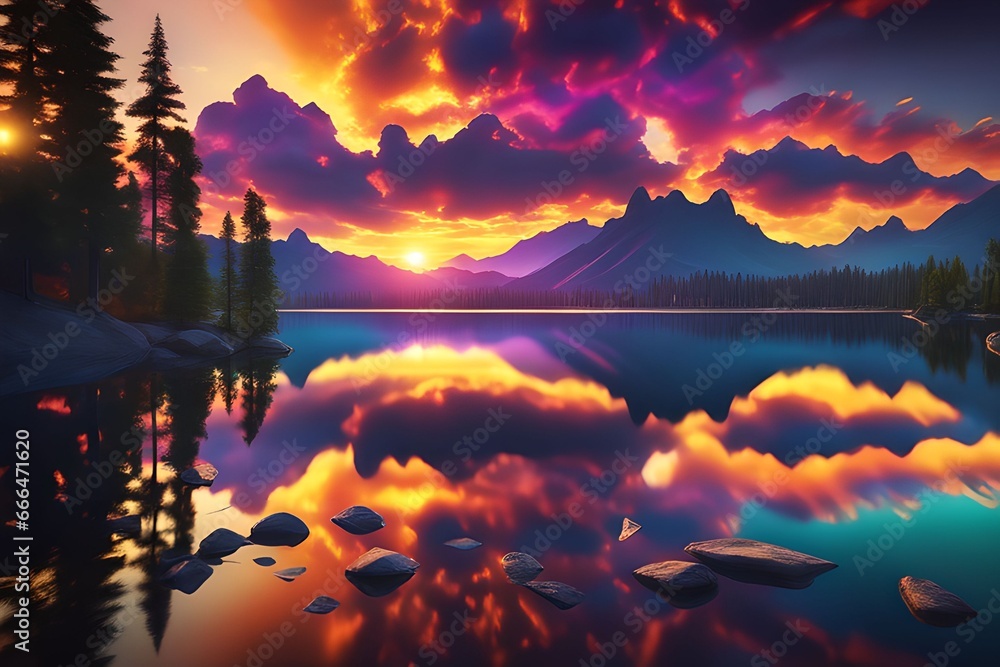 Wall mural a vibrant sunset over a serene lake