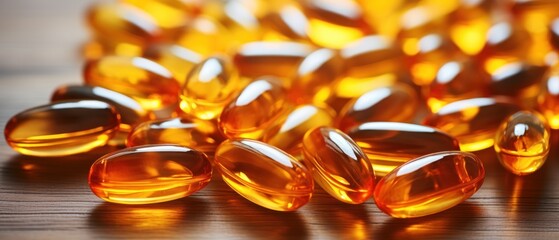 Fish oil omega 3 gel capsules on wooden table. Closeup. Health Care. Healthy food concept. Omega 3. Isolated on a background with a copy space.