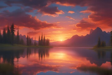 A vibrant sunset over a serene lake