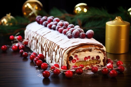 a buche de noel on a table with christmas decorations