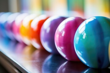 multi-colored bowling balls in a row at alley - obrazy, fototapety, plakaty