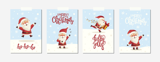 Set of Christmas greeting cards for new year winter holiday with cute funny xmas Santa Clauses and lettering. Christmas poster vector illustration in flat cartoon style