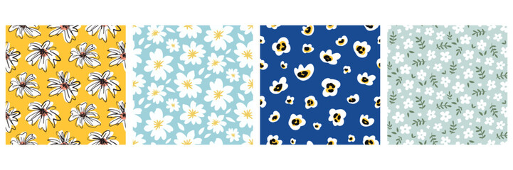 Hand Drawn Floral Seamless Pattern Flowers Set