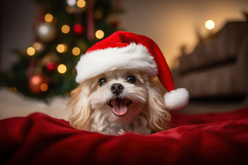 Christmas funny baby puppy dog in red Santa cap