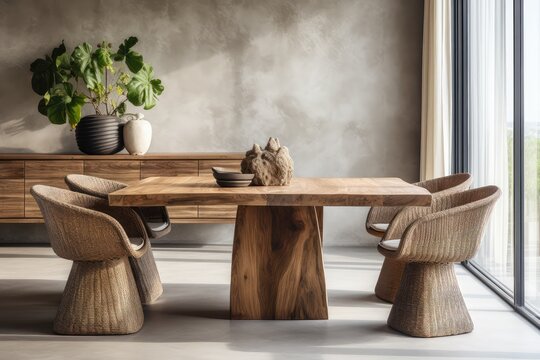 Natural wooden slab dining table and chairs near it. Interior 