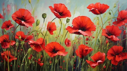 Wild poppies swaying in a summer breeze, their red petals vibrant against green stalks.
