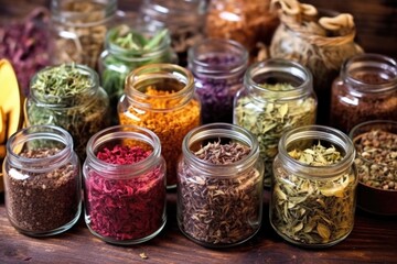 an assortment of dried tea leaves in glass jars