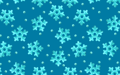 Vector 3d winter blue snowflake pattern background. Cute Christmas and New year shiny frozen snow blue background. 3d render snowflakes print for web, wallpaper, greeting card