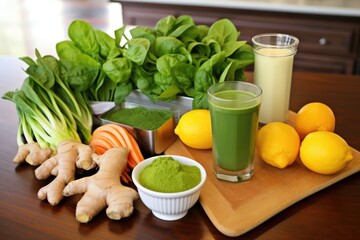 fresh ingredients for a green juice smoothie arranged on a table